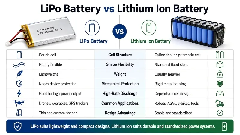 構造、重量、柔軟性、保護性能、放電性能および用途の違いを示すLiPo電池とリチウムイオン電池の比較